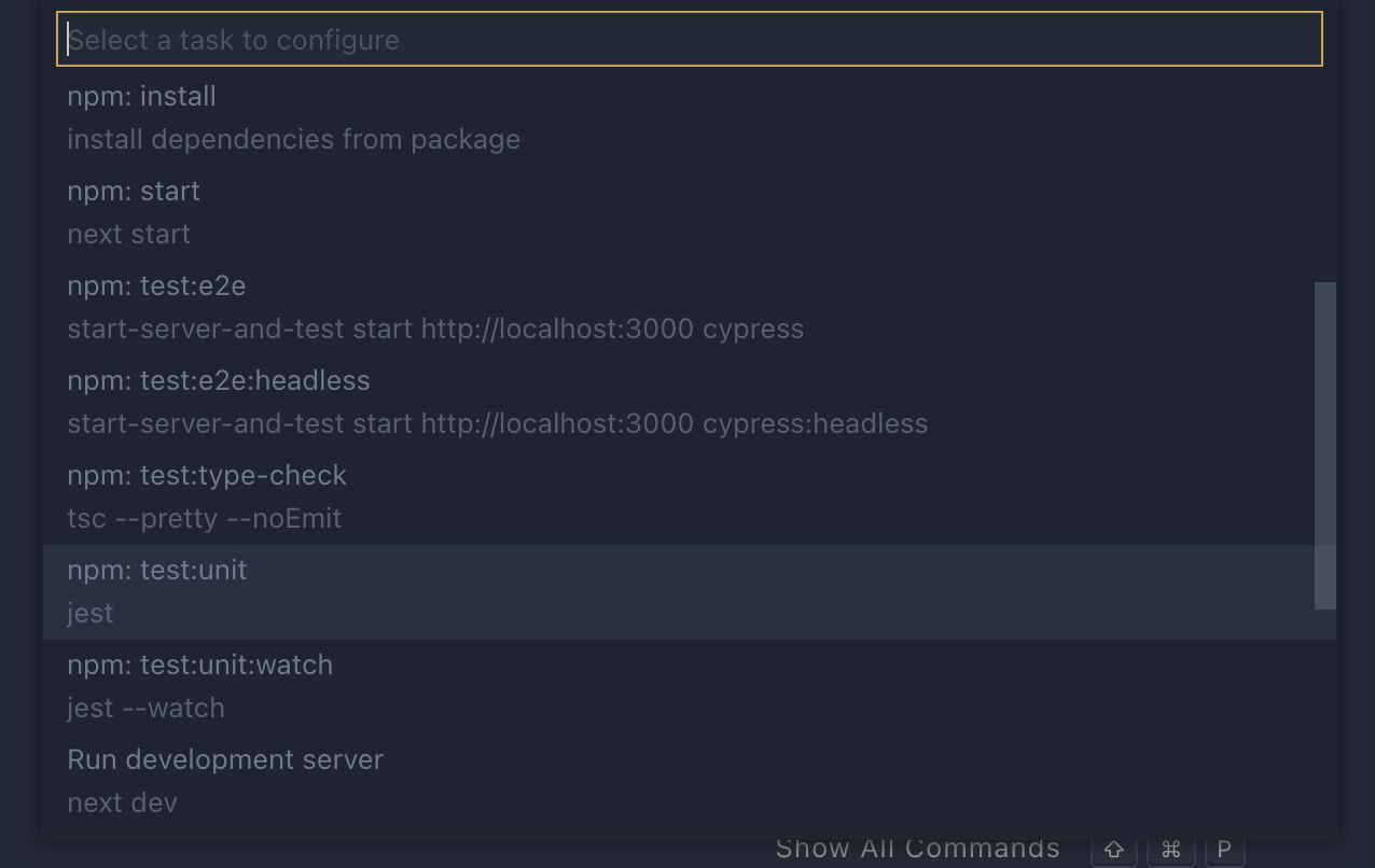 Lista wykrytych zadań przez Visual Studio Code